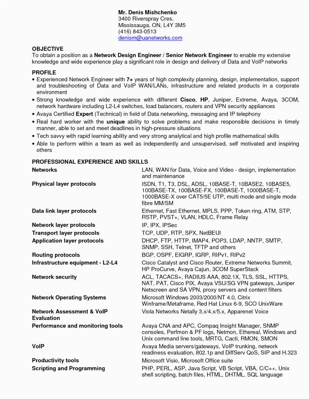 network engineer resume sample for fresher