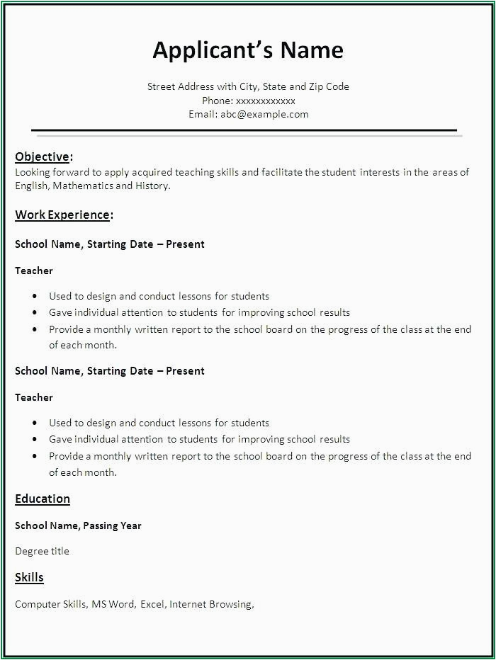 fresher teacher resume format doc