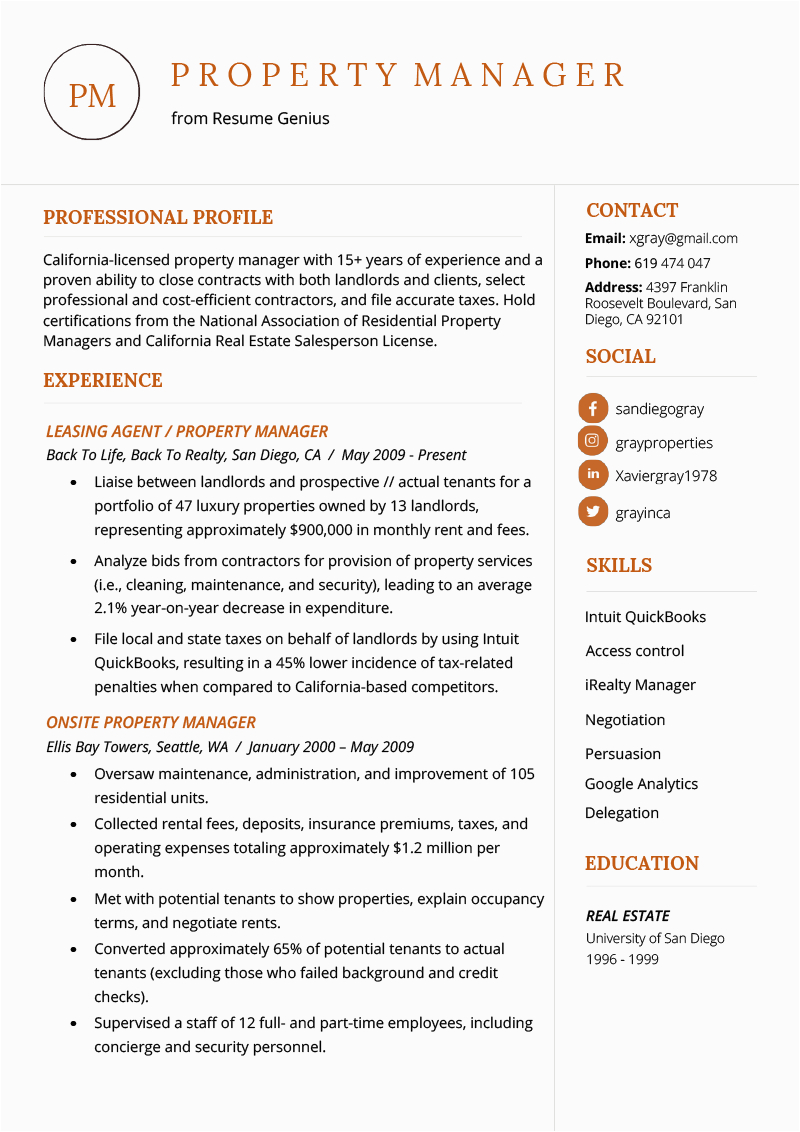 property manager resume example