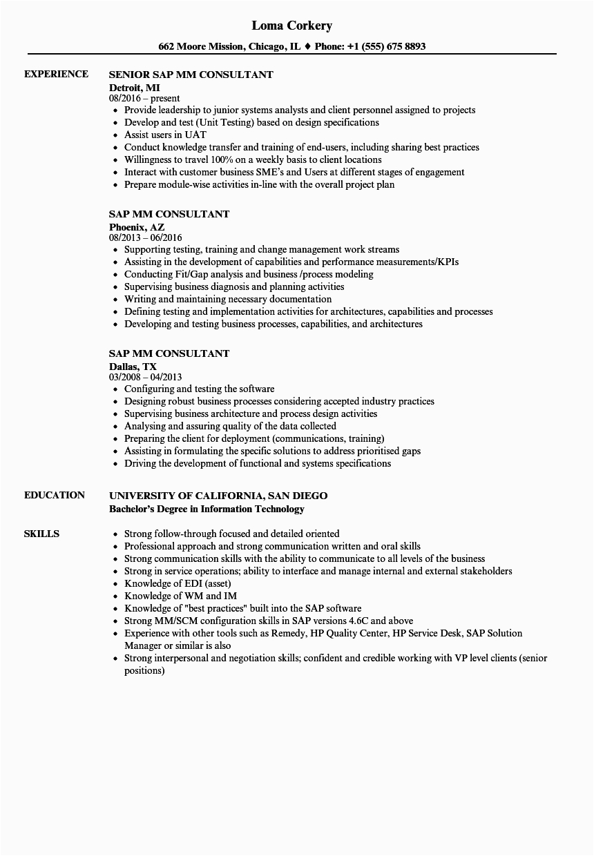 sap mm consultant resume sample