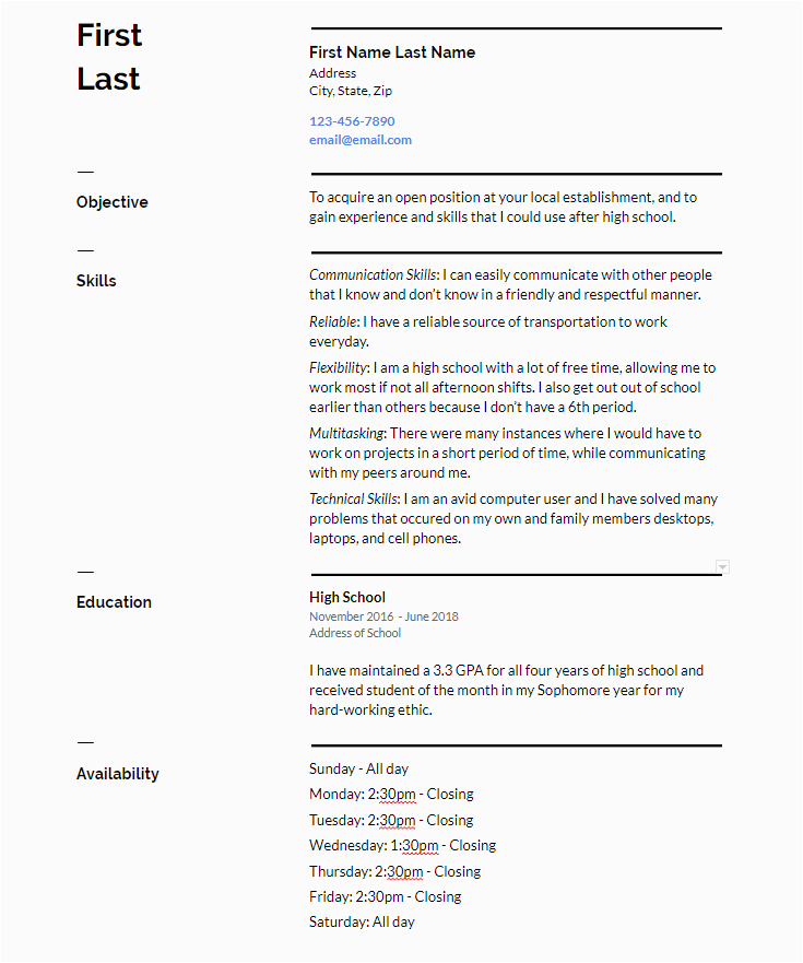 sample teenager high school student resume with no work experience