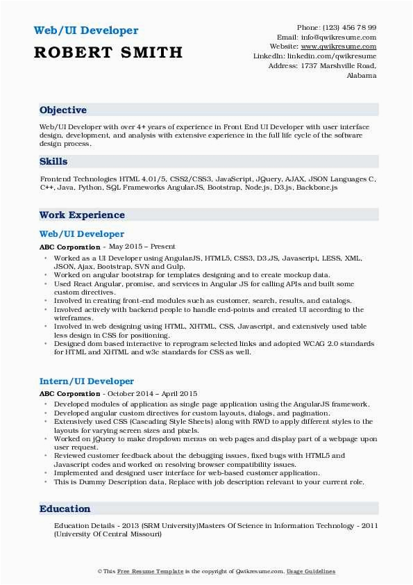 Ui Developer Resume Template Free Download Ui Developer Resume Samples