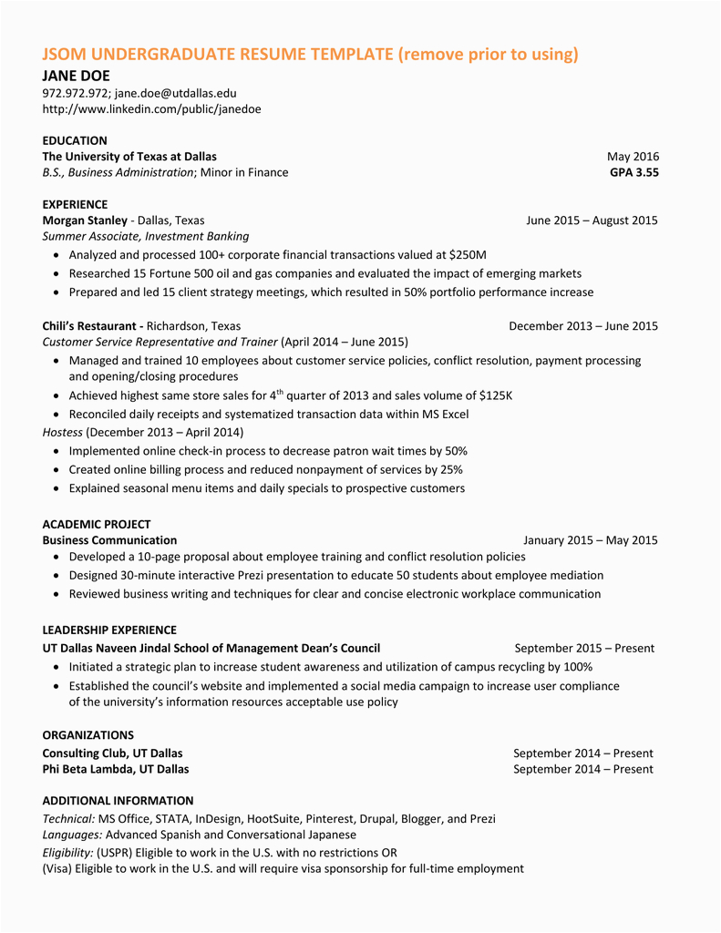 university of texas resume template