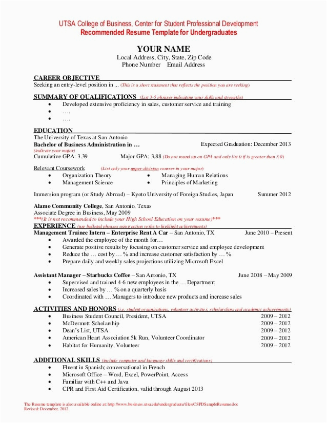 resume template for undergraduate students