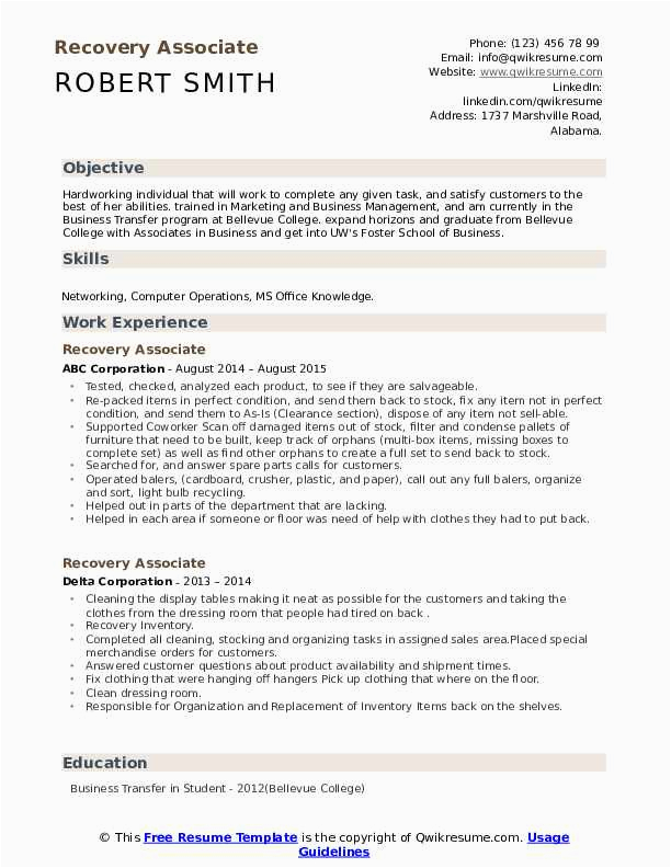 Uw Foster School Of Business Resume Template Recovery associate Resume Samples
