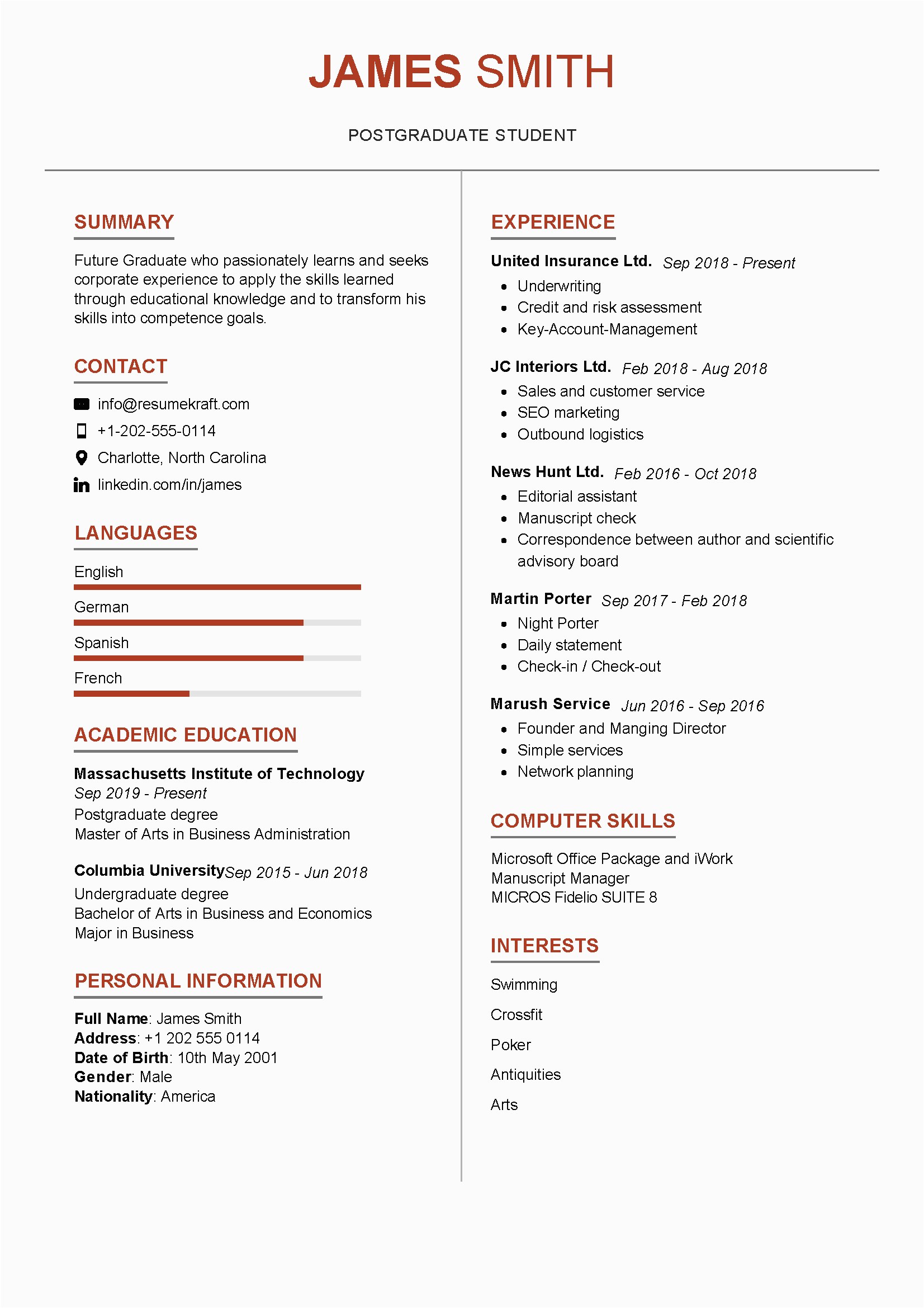 graduate student resume sample