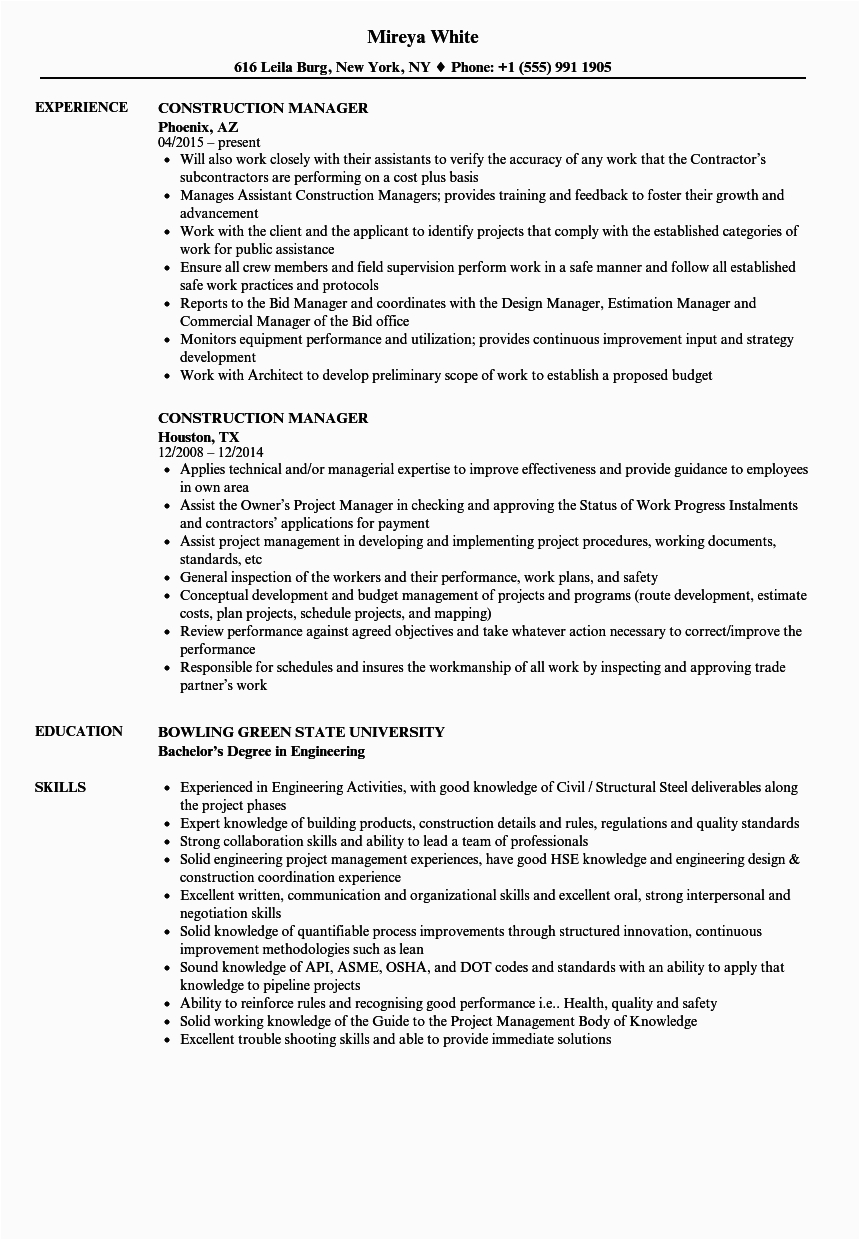 construction manager resume