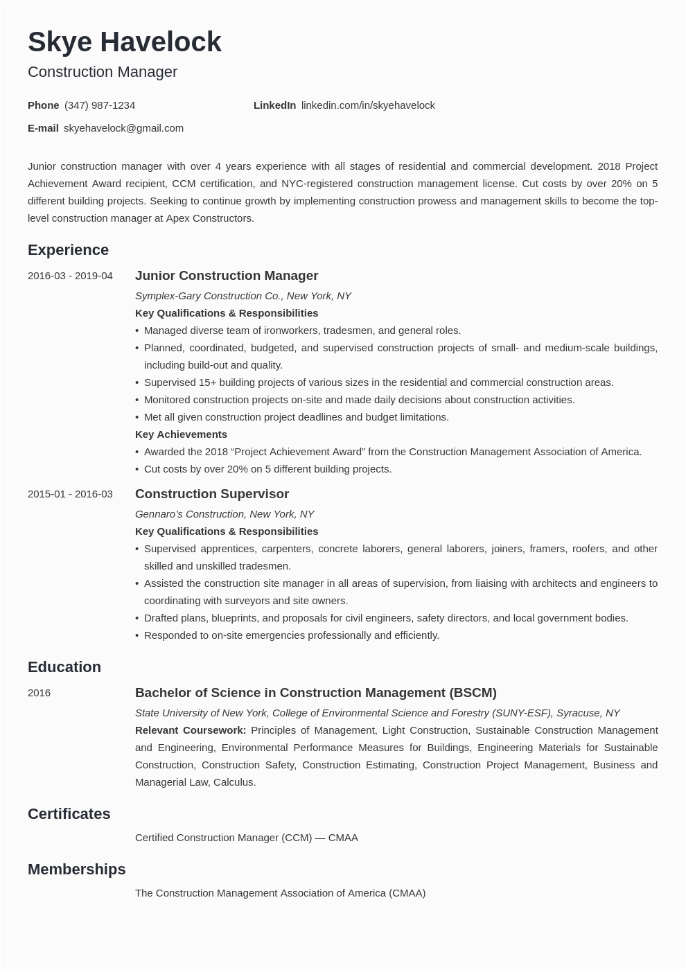Construction Management Resume Examples and Samples Construction Manager Resume