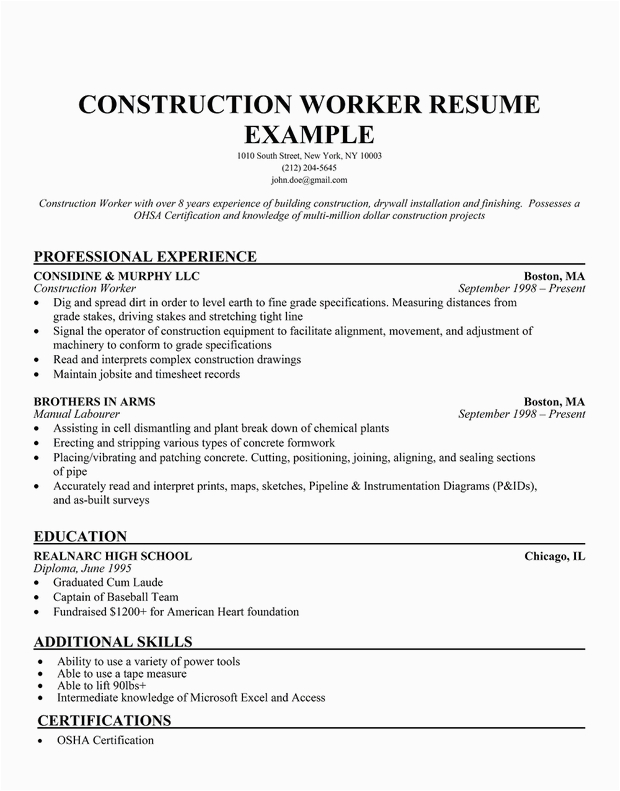 construction labor resume sample