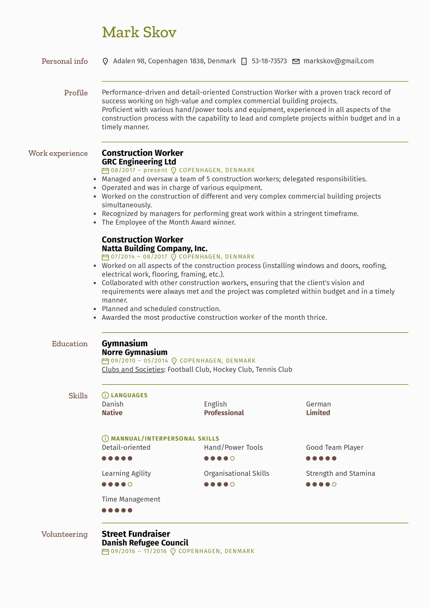 Construction Worker Resume Examples and Samples Construction Worker Resume Example
