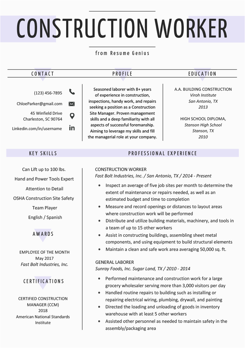Construction Worker Resume Examples and Samples Construction Worker Resume Example & Writing Guide