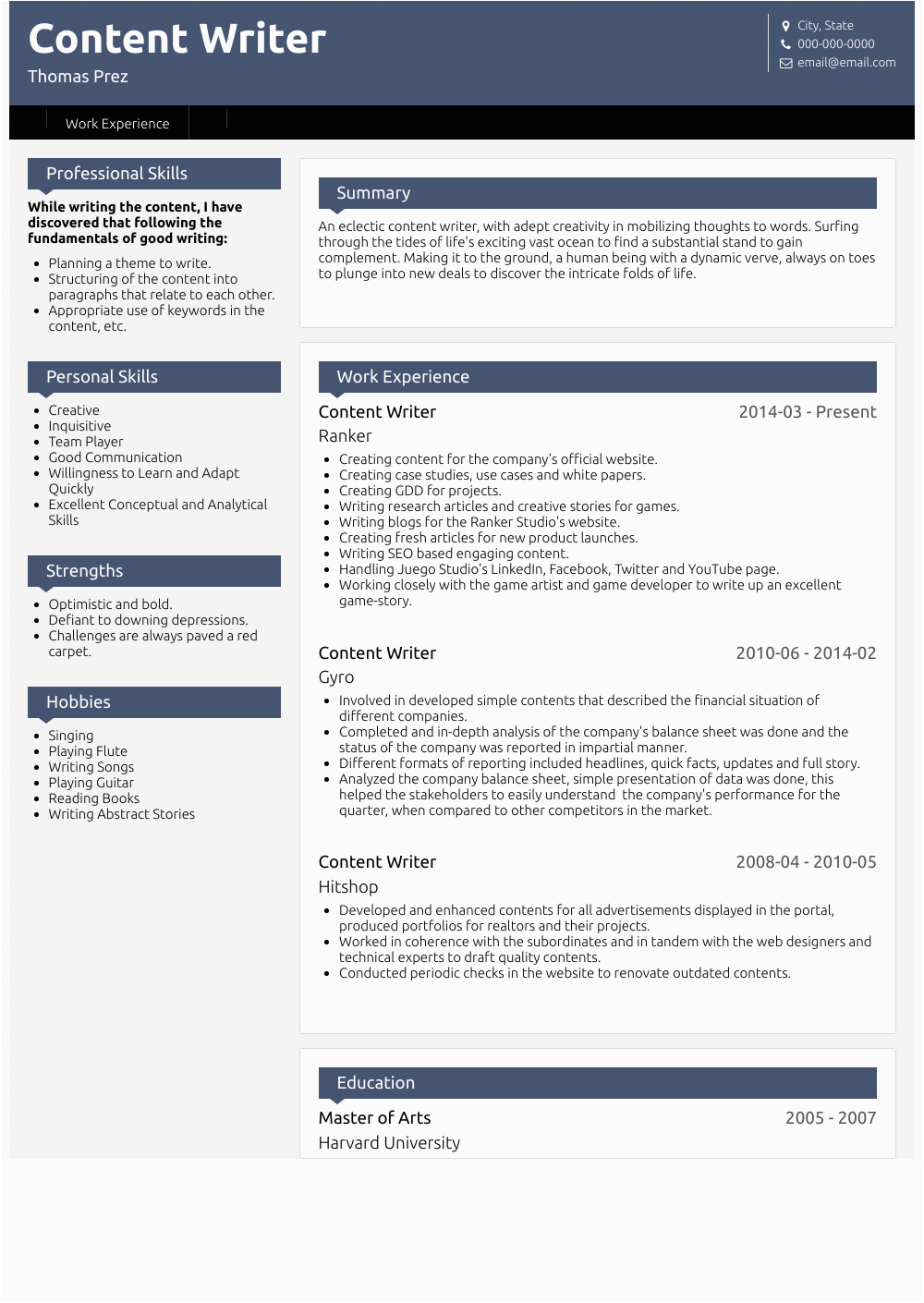 Content Writing Resume Sample for Freshers Content Writer Resume Samples 1 Resource for Templates