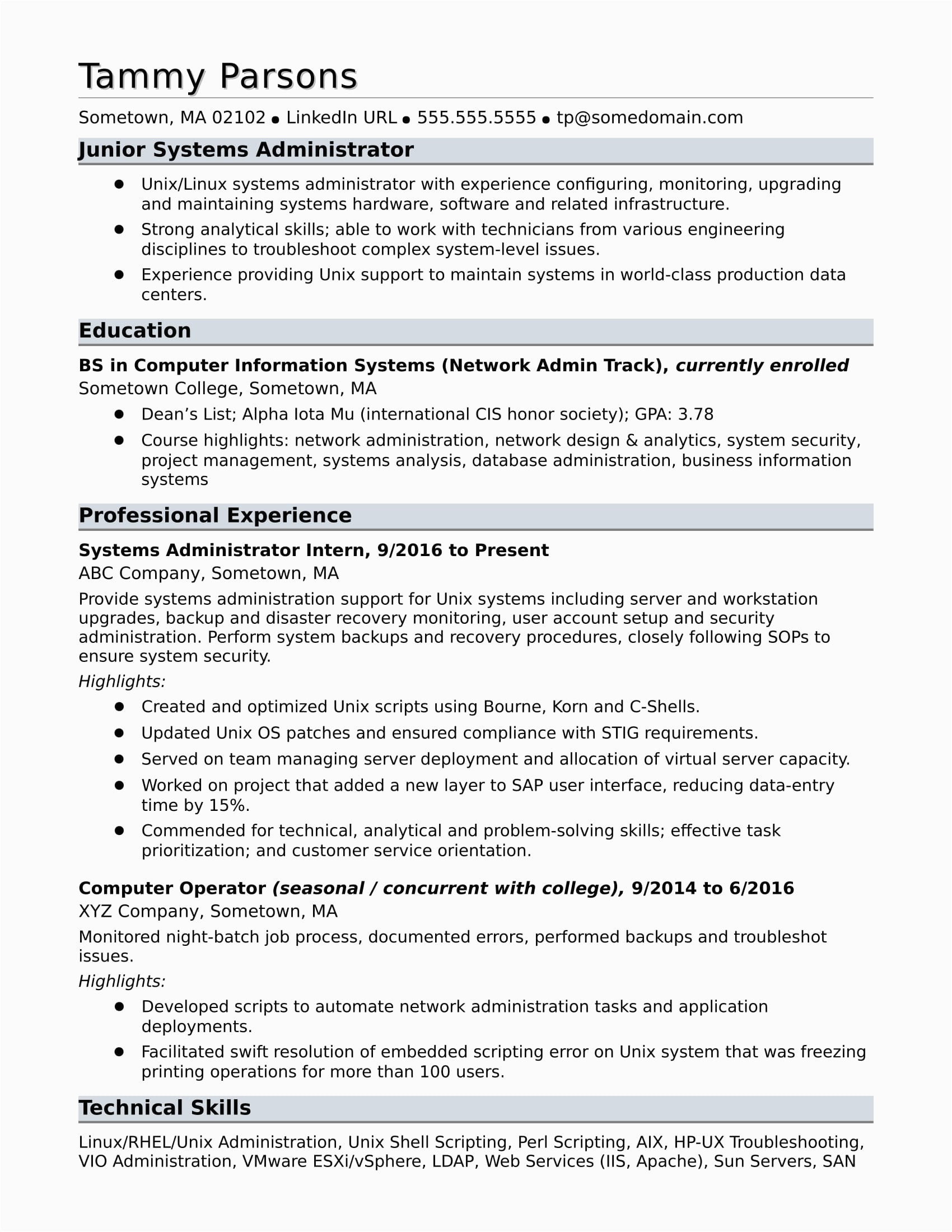 Entry Level System Administrator Resume Sample Sample Resume for An Entry Level Systems Administrator
