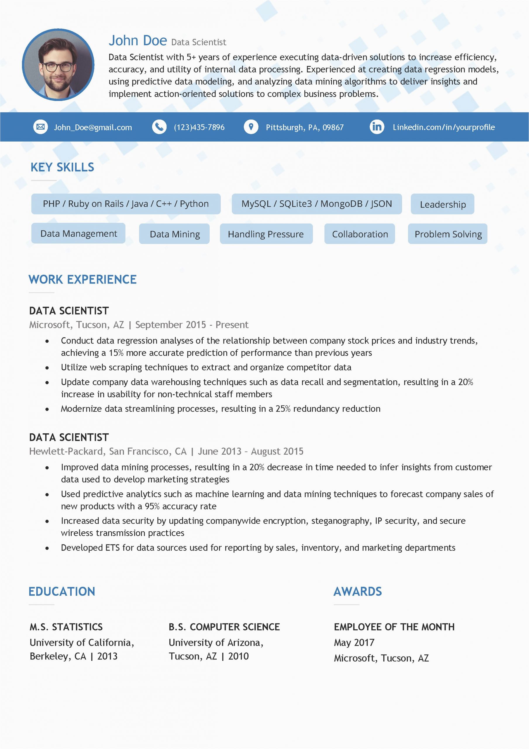 Free Resume Template for Data Scientist Data Scientist Resume Template