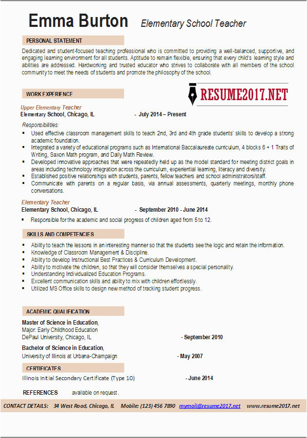 elementary school teacher resume examples 2017