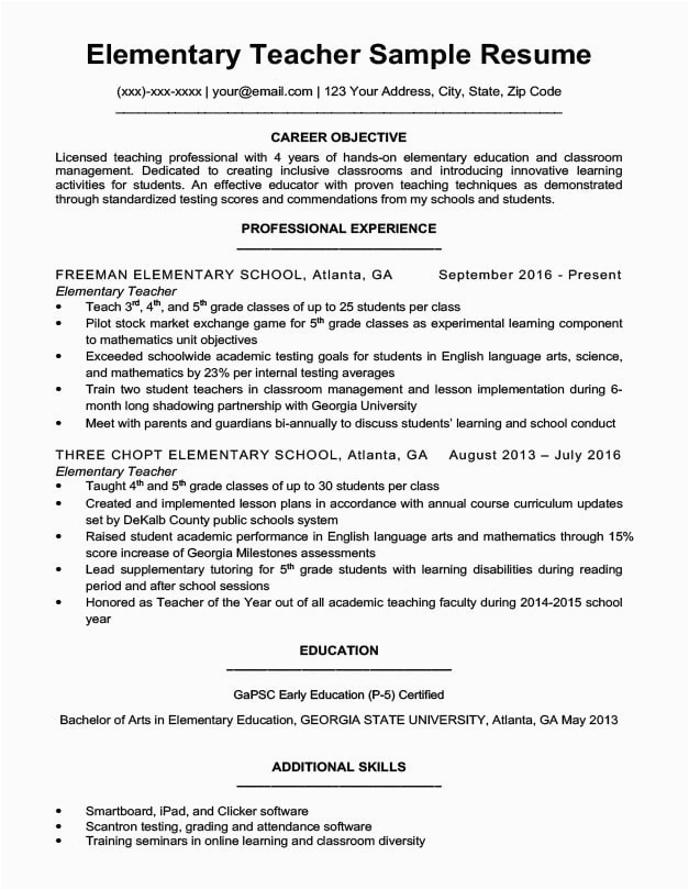 elementary teacher resume sample