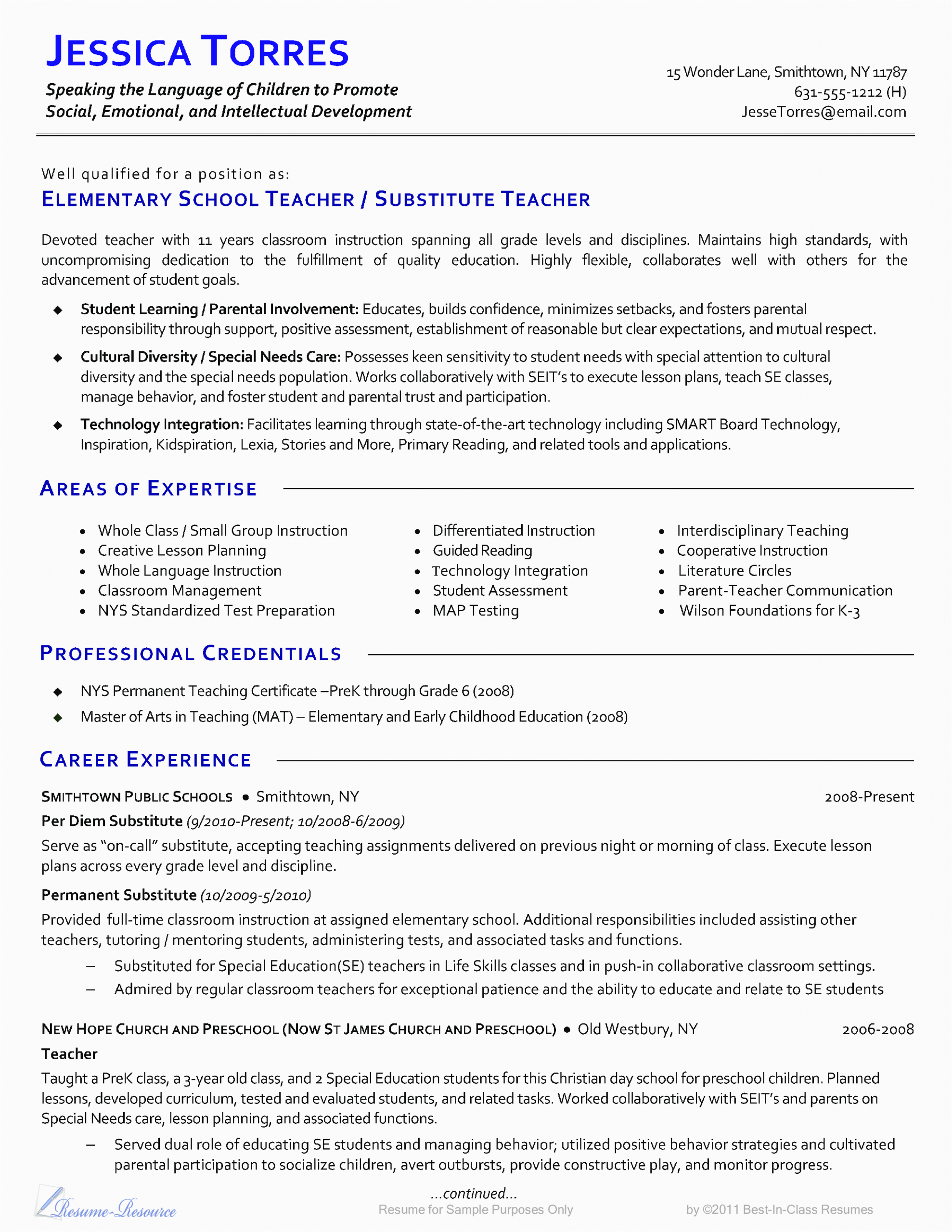 elementary school teacher resume