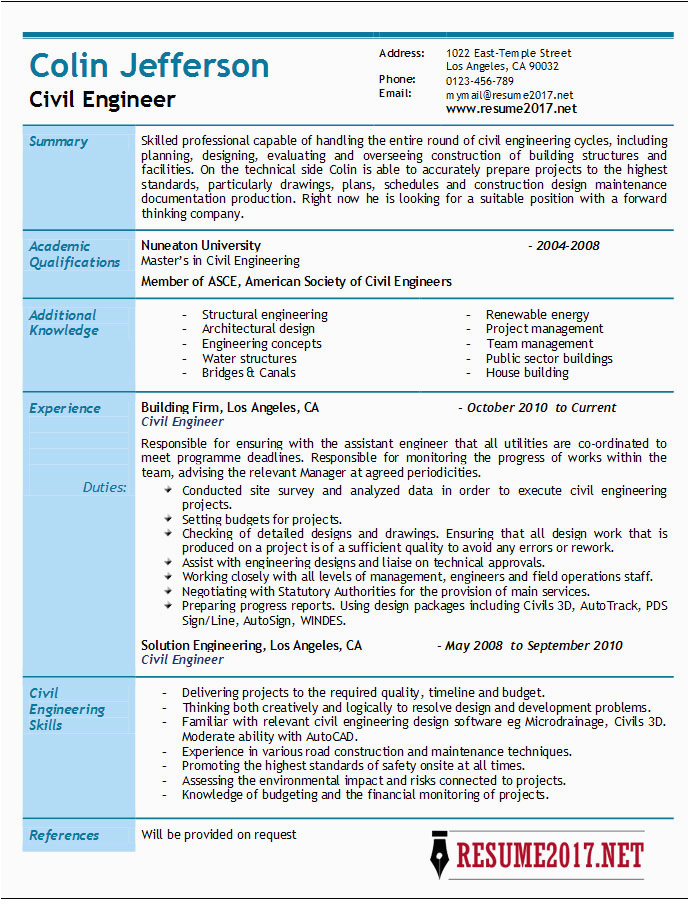 civil engineer resume 2017 samples