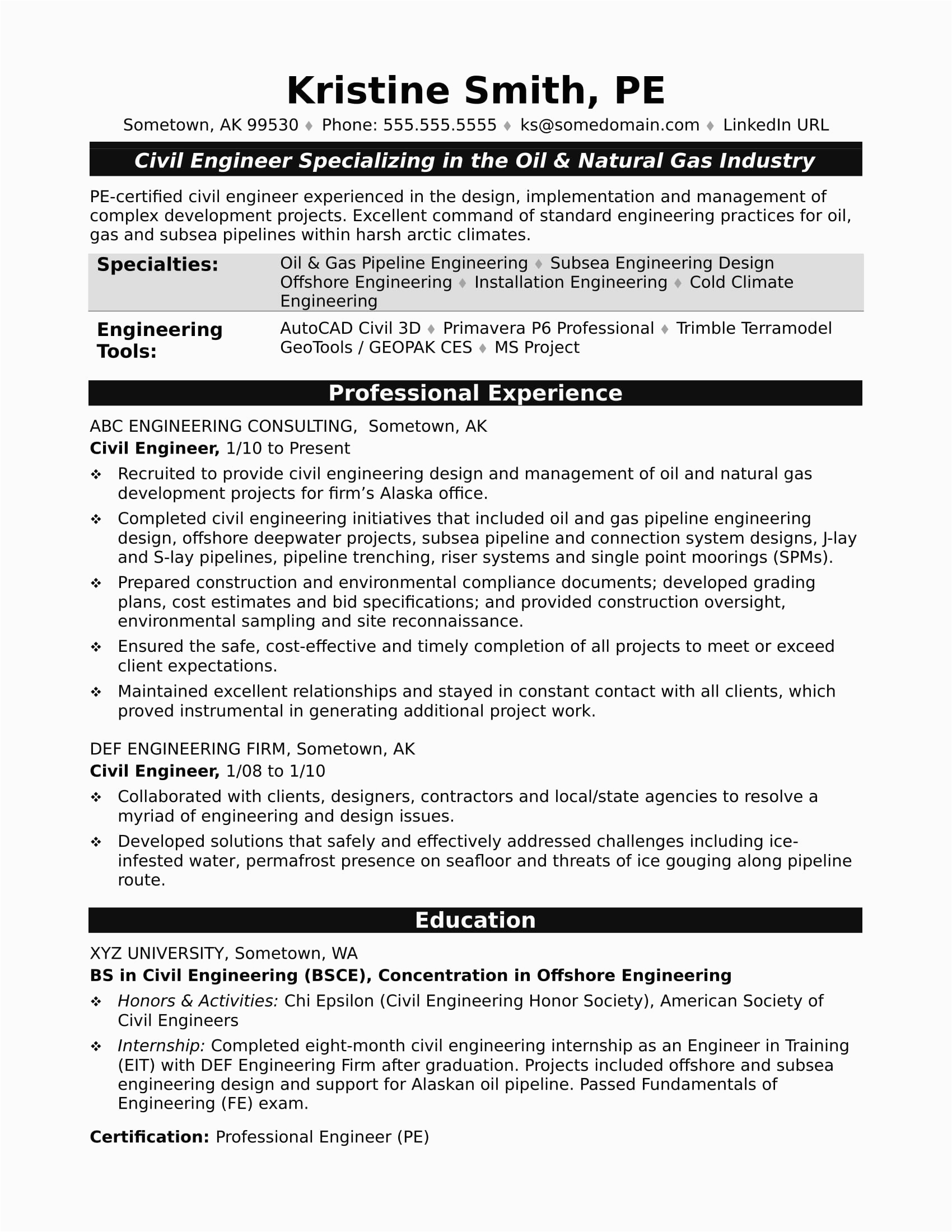 sample resume civil engineer midlevel