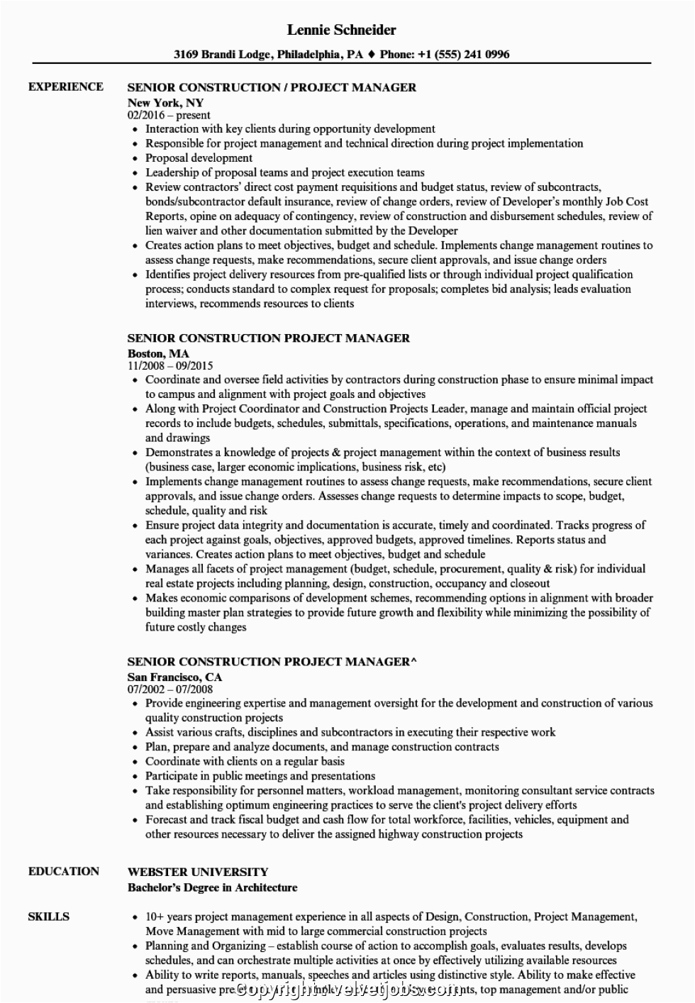 simple construction project manager resume sample
