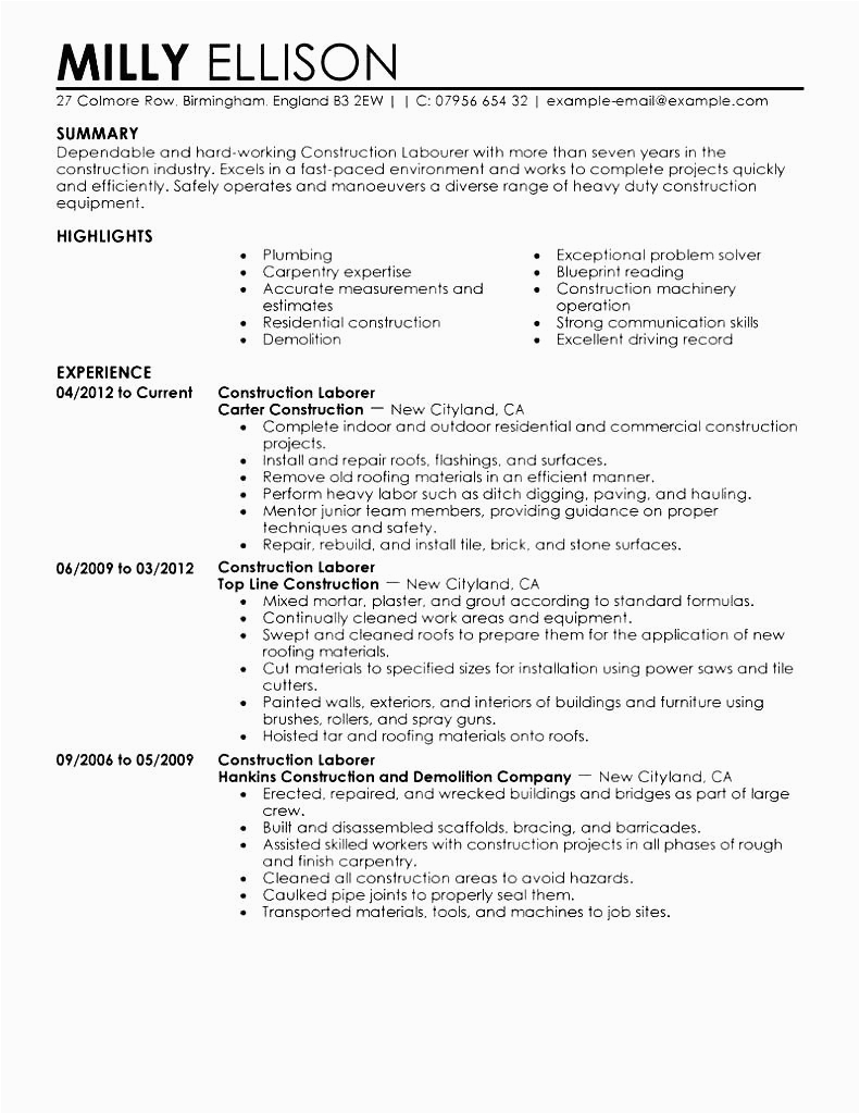 construction worker resume template