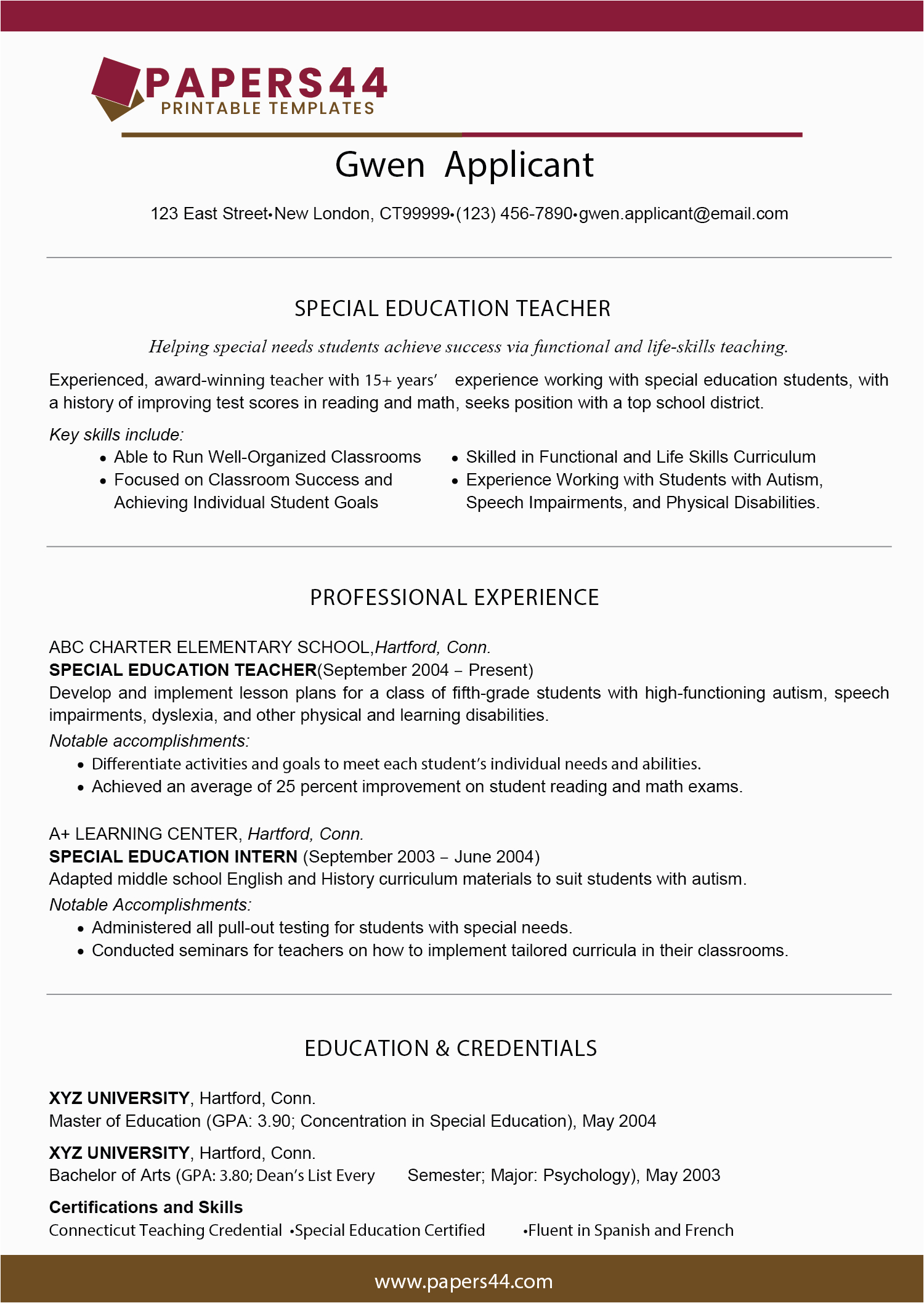 Free Resume Templates for Teaching Positions Professional Teacher Resume Templates