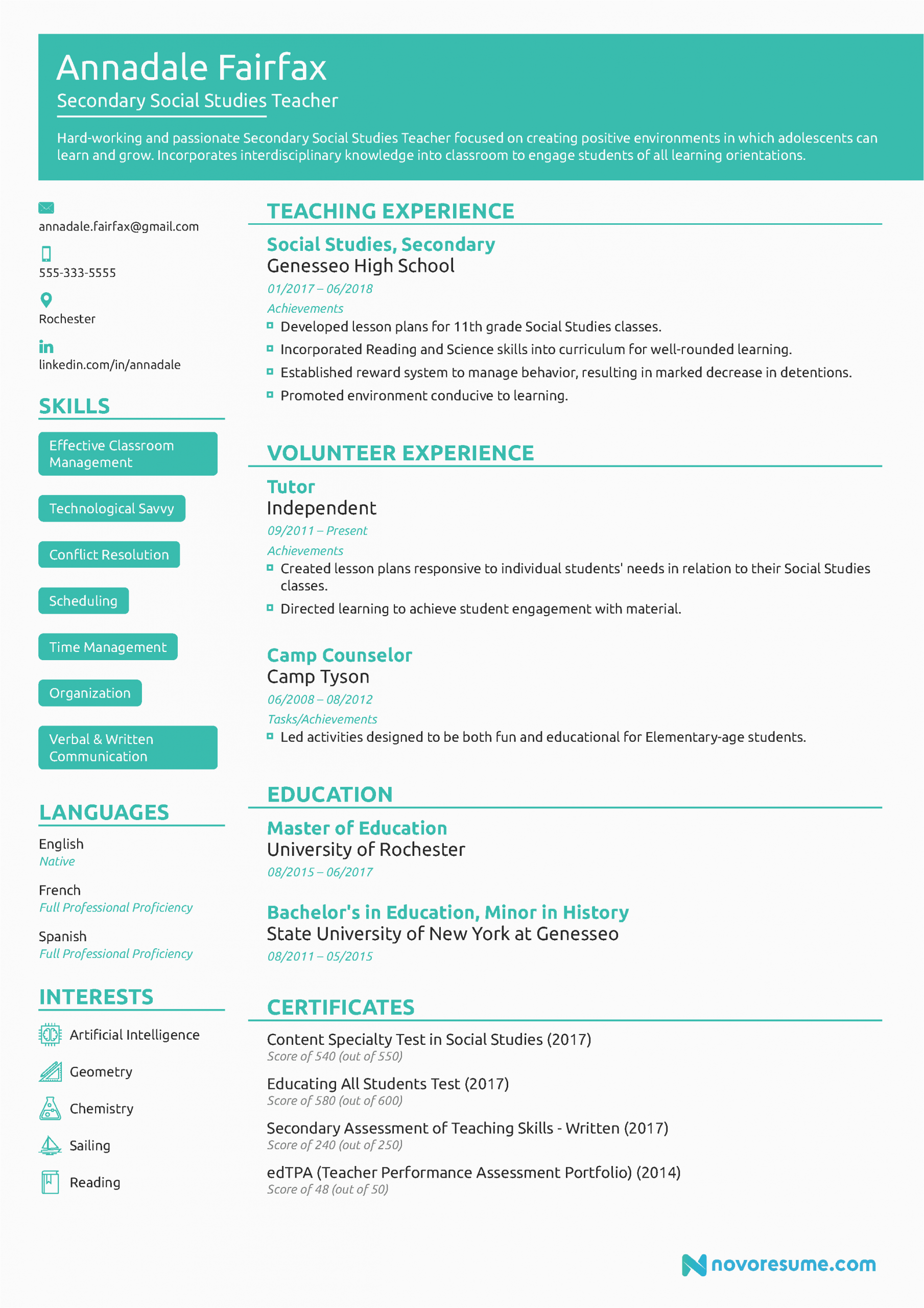 teacher resume example