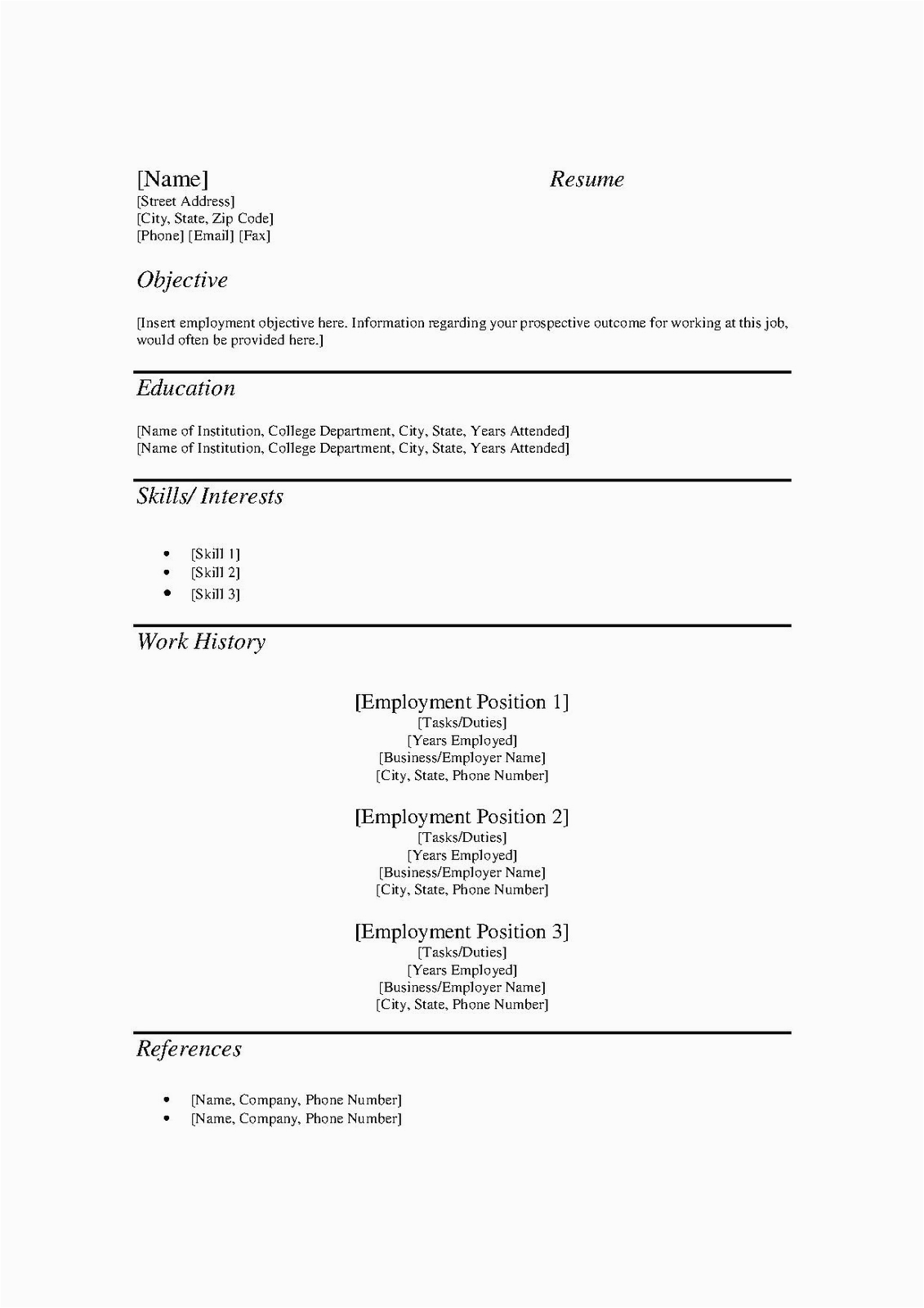 free resume template form