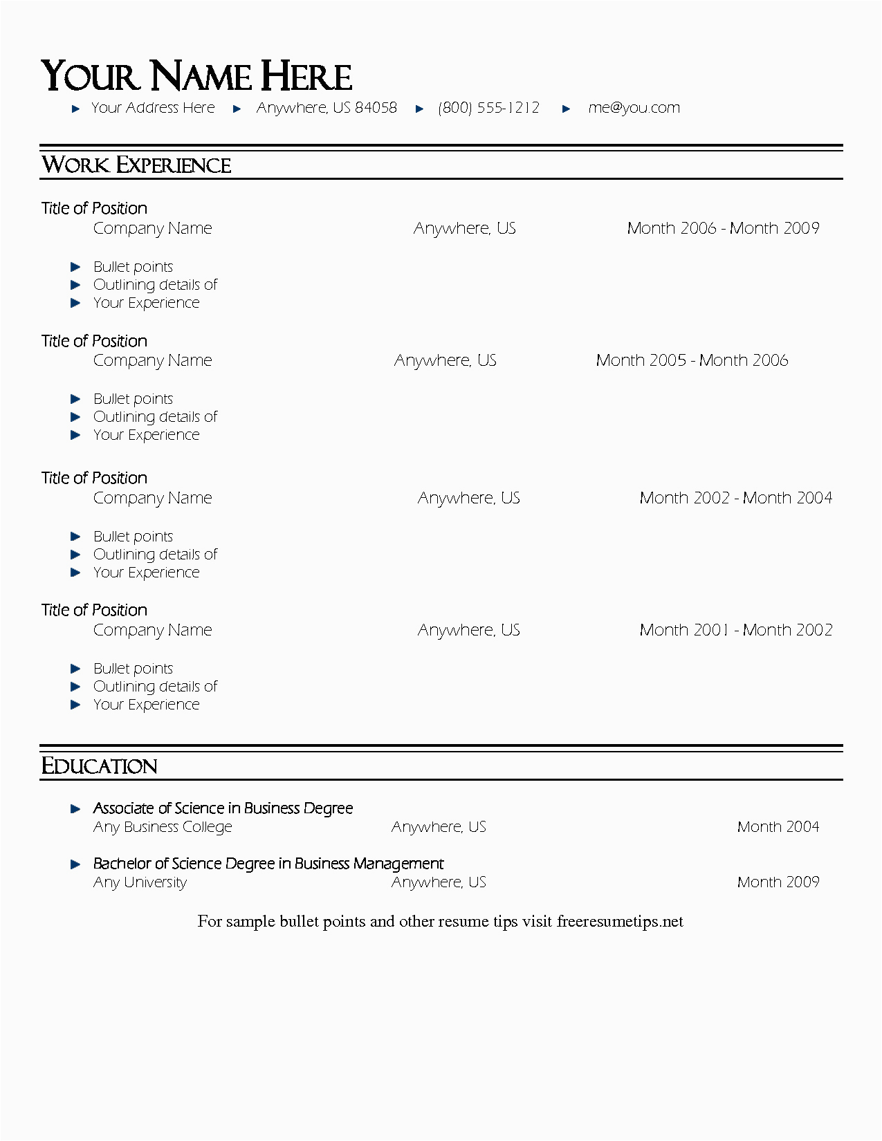 Free Resume Templates with Bullet Points Bullet Points Resume