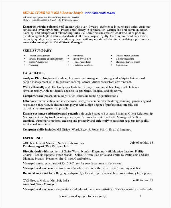 store manager resume
