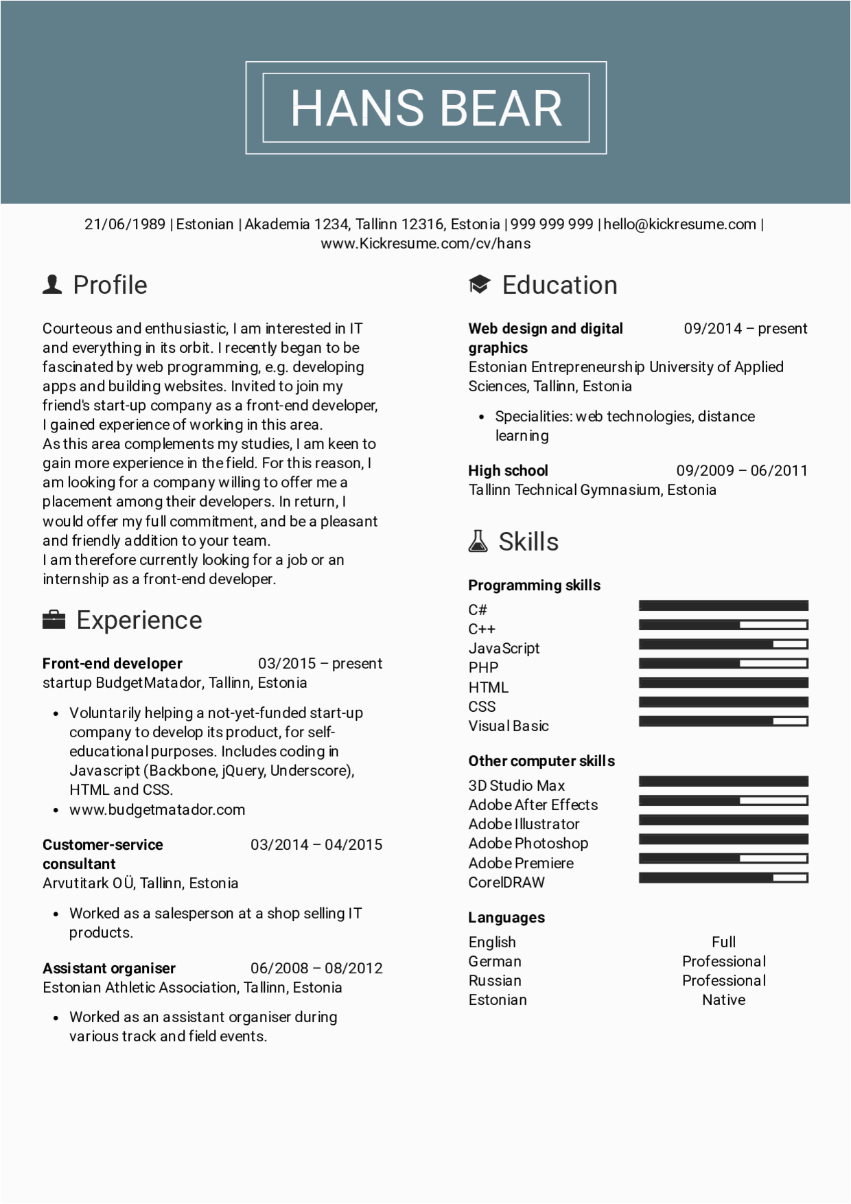 front end developer resume