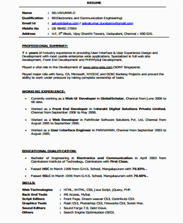 Front End Web Developer Resume Template Free 7 Sample Front End Developer Resume Templates In Ms