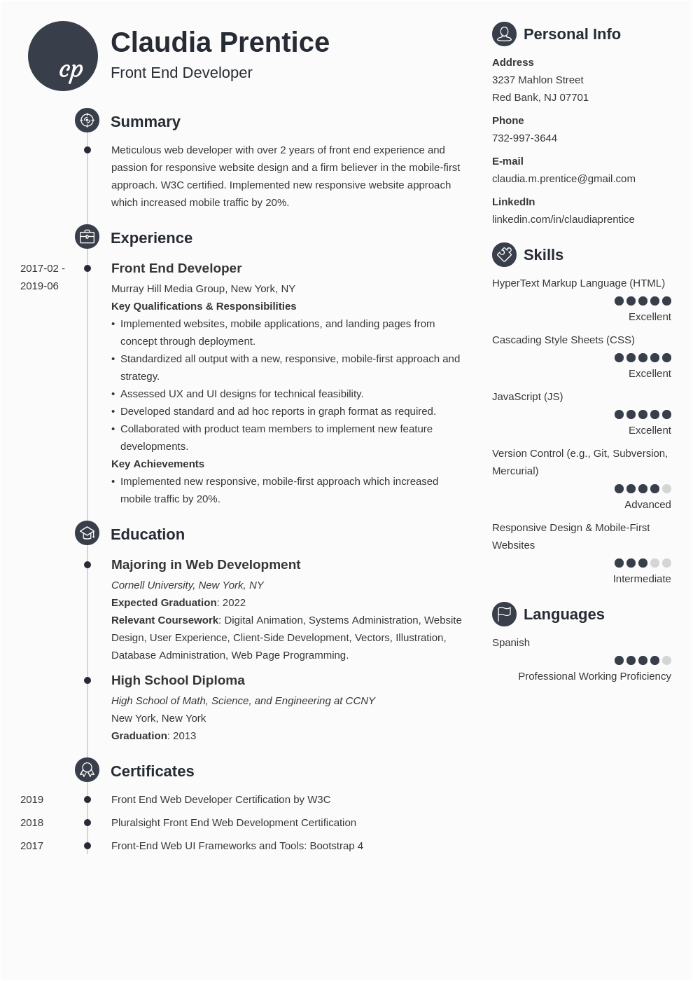 sample resume of front end developer