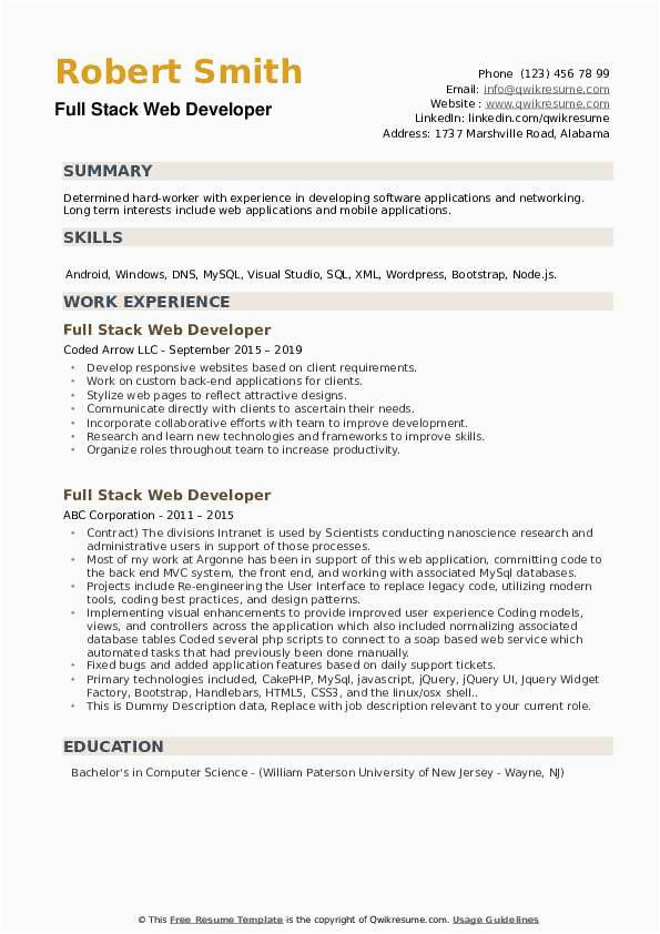 Full Stack Web Developer Resume Template Full Stack Web Developer Resume Samples