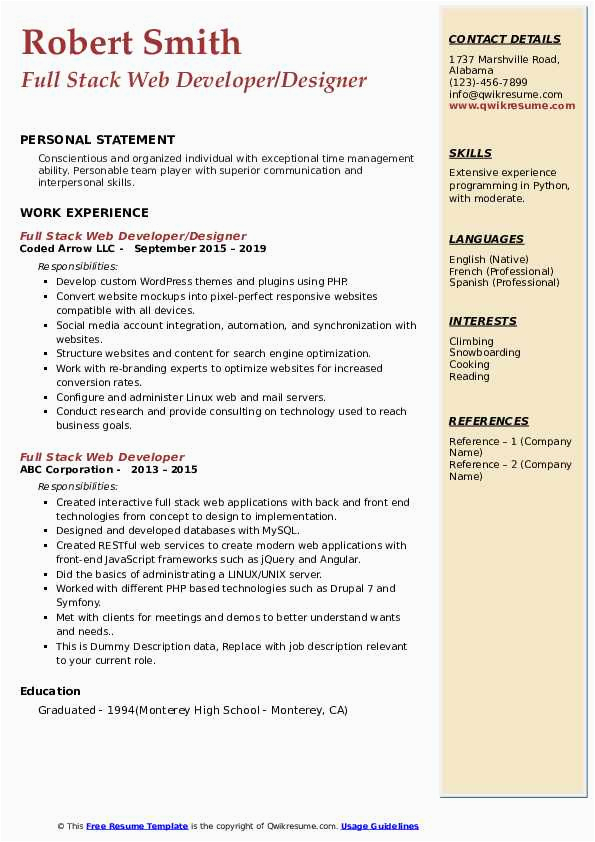 Full Stack Web Developer Resume Template Full Stack Web Developer Resume Samples