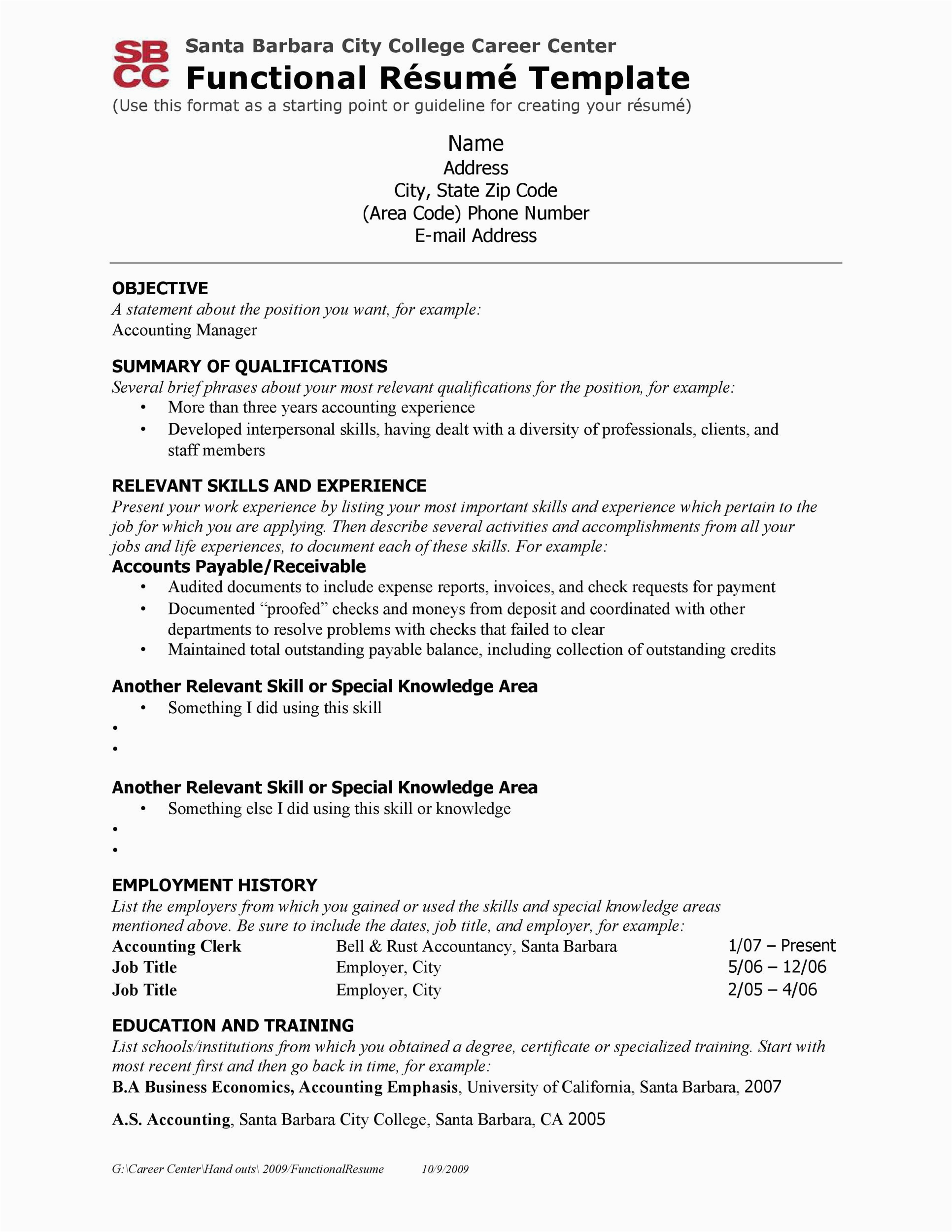 functional resume template for colege