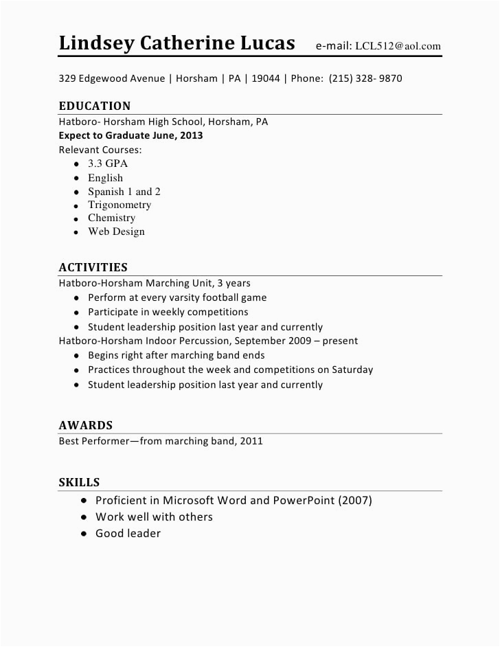 resume format high school student