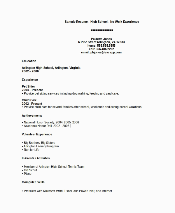 High School Resume with No Work Experience Sample Free 8 Sample High School Resume Templates In Pdf