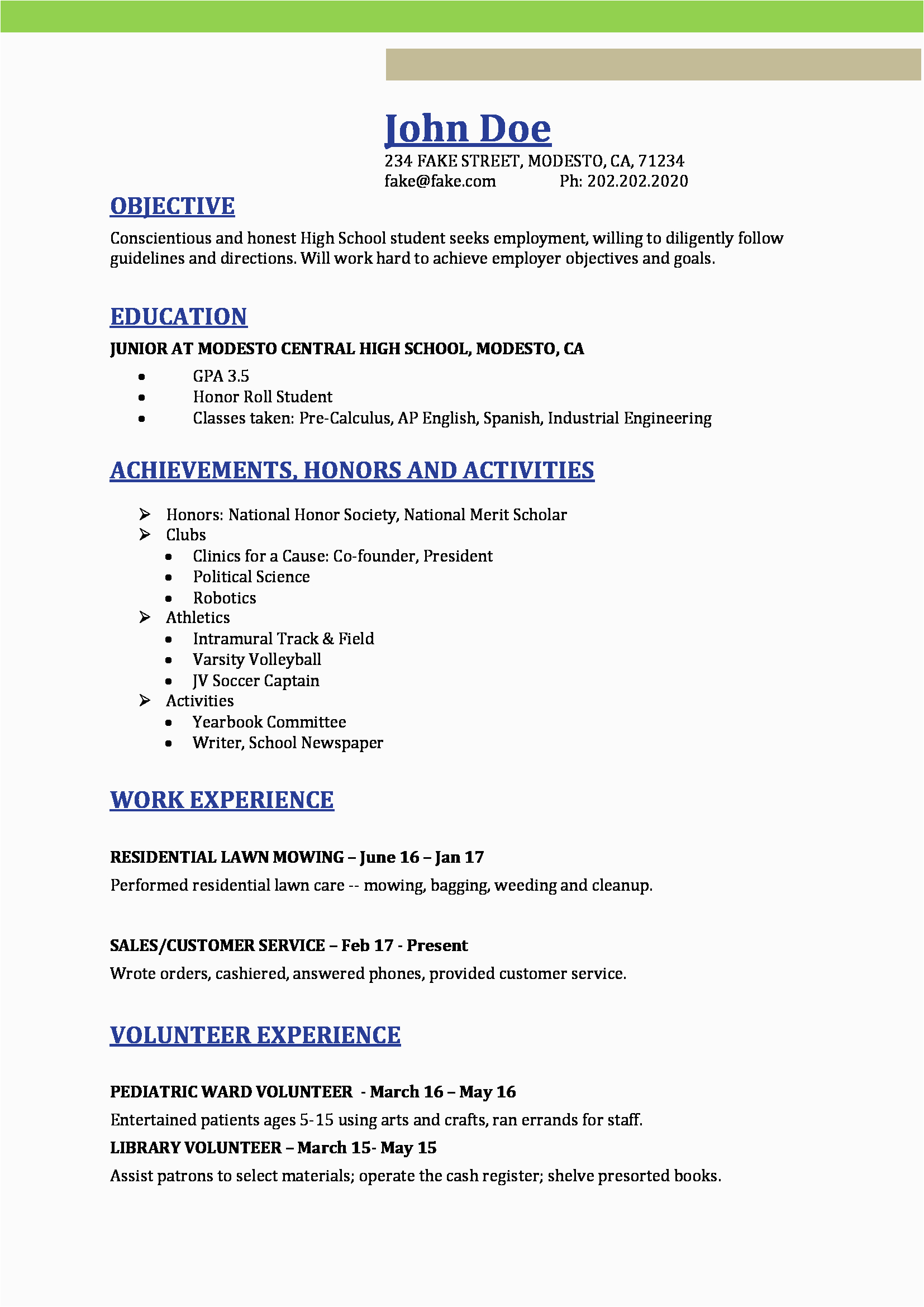 Job Resume Template High School Student