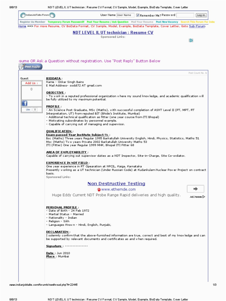 Ndt Level 2 Fresher Sample Resume Pdf Ndt Level Ii Ut Technician Resume Cv format Cv Sample