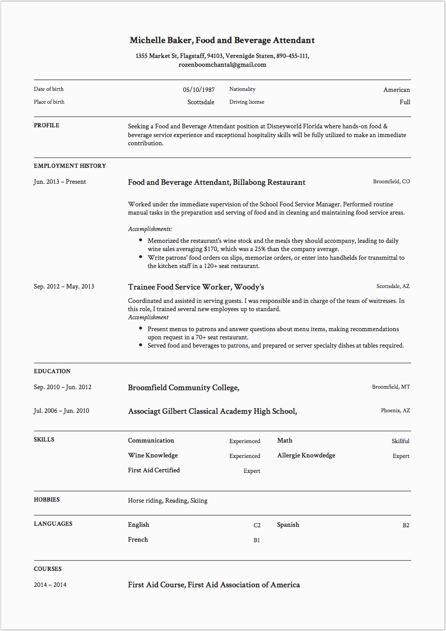 food and beverage attendant resume sample
