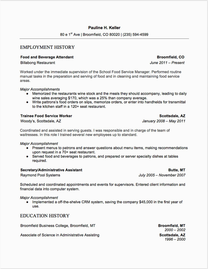 food and beverage attendant resume sample