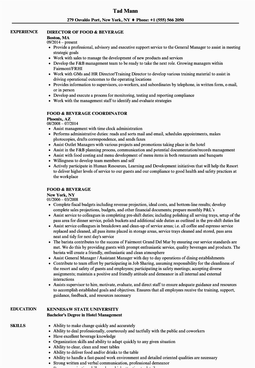food and beverage manager resume