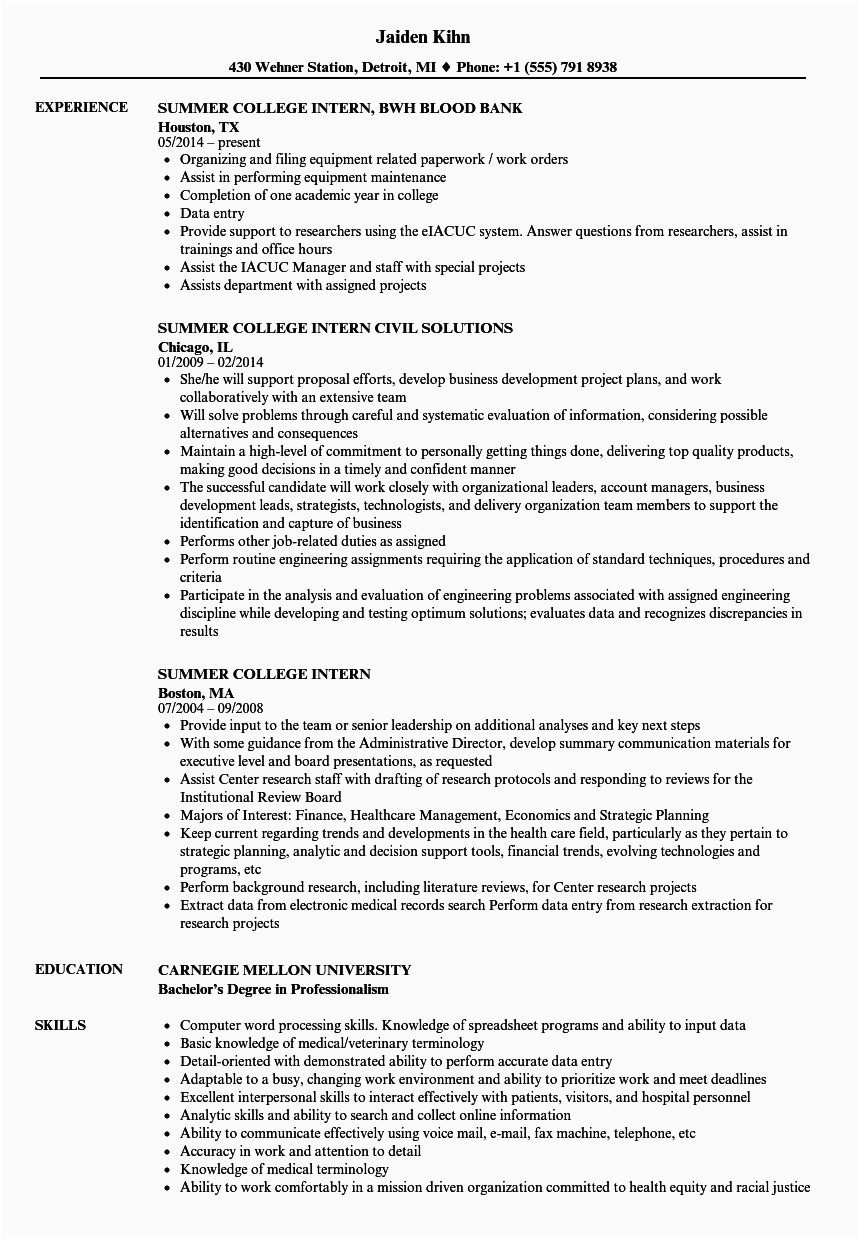 college internship resume template