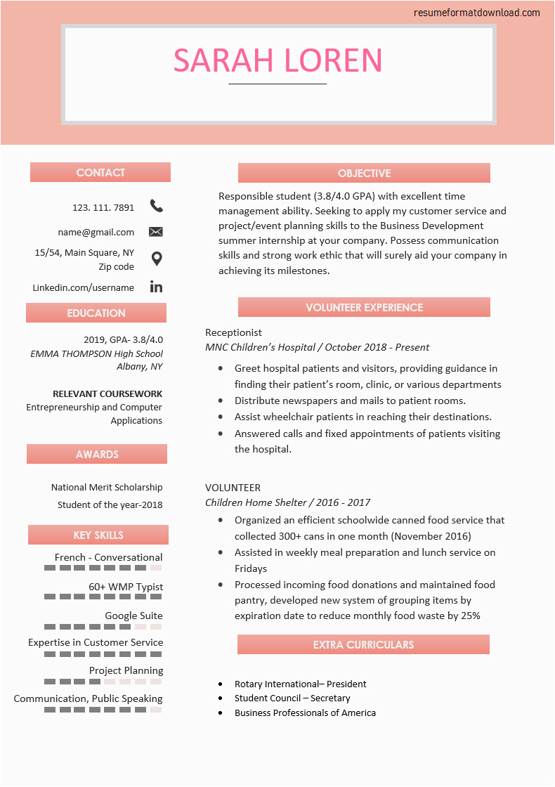 student resume for internship database