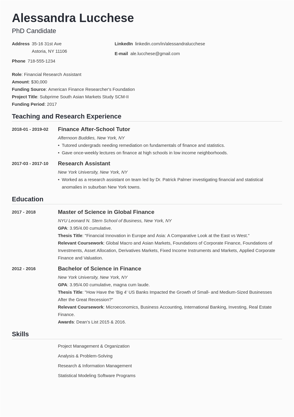 graduate school resume example