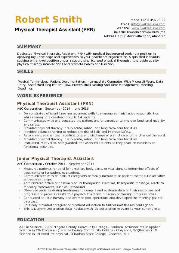 Resume Template for Physical therapist assistant Physical therapist assistant Resume Samples