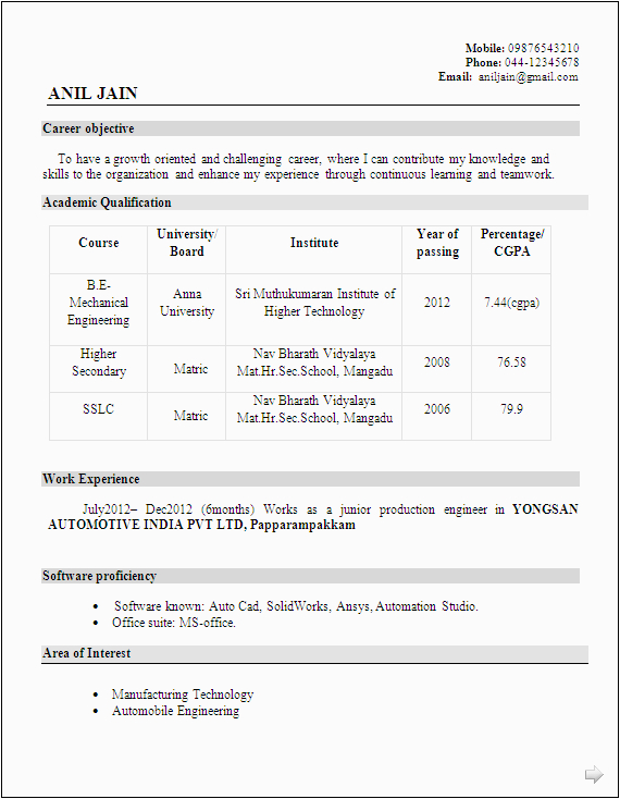 Sample Resume for Fresher Mechanical Engineer Mechanical Engineer Resume for Fresher Resume formats