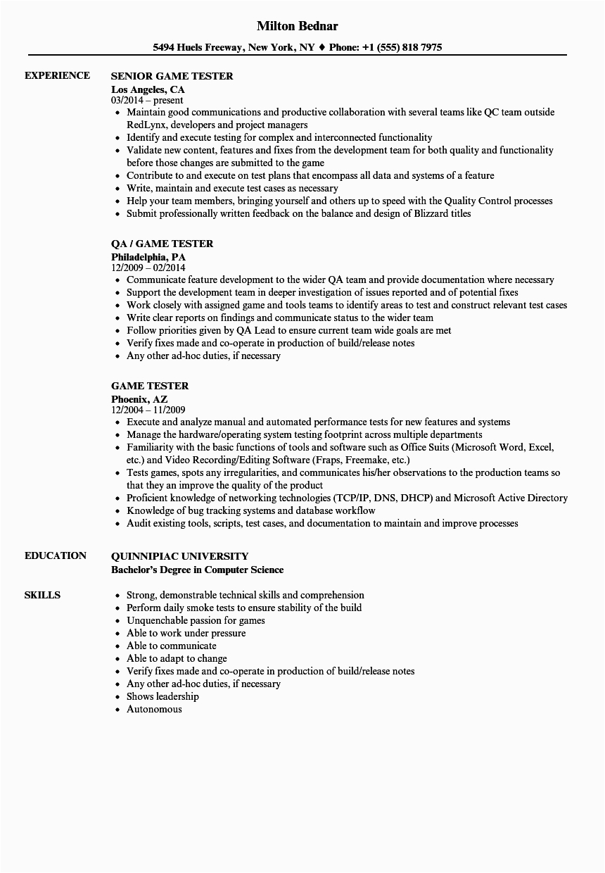 Sample Resume for Game Tester Fresher Sample Cv Game Tester Video Game Tester Resume