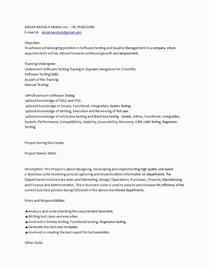 software manual testing resume for fresher